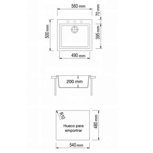 Tarja Singola Media 56x50x20 + llave mod Tevere 31 cm color blanco